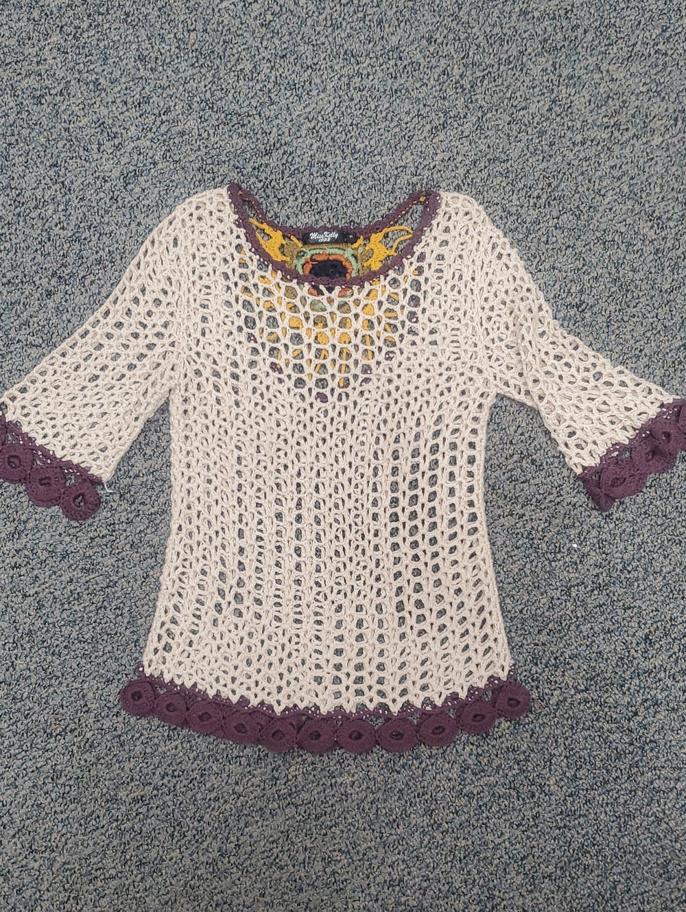 Crochet Open-Weave Cream Top with Purple Trim